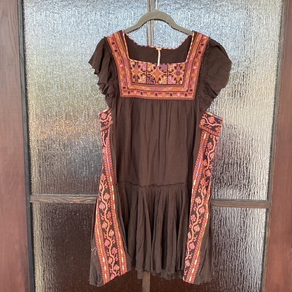 Free People Brown Mini Dress with Coral Embroidered Yoke - Picture 2 of 11